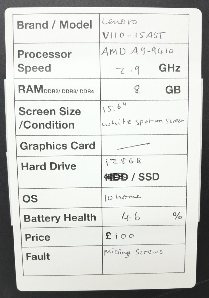Lenovo V110-15AST 80TD - AMD A9-9410 2.9GHz - 8GB Ram - 15.6" - 128GB SSD - Windows 10 Home - Image 3
