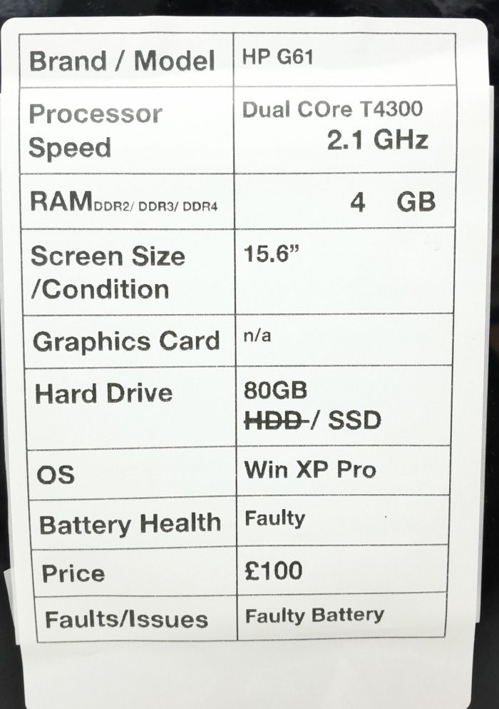 HP G61 - Dual Core T4300 2.1GHz - 4GB RAM - 15.6" - 80GB SSD - Windows XP Pro - Image 3