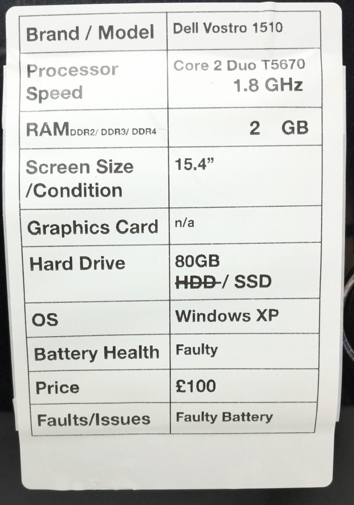 Dell Vostro 1510 - Core 2 Duo T5670 1.8GHz - 2GB Ram - 15.4" - 80GB SSD - Windows XP - Image 3