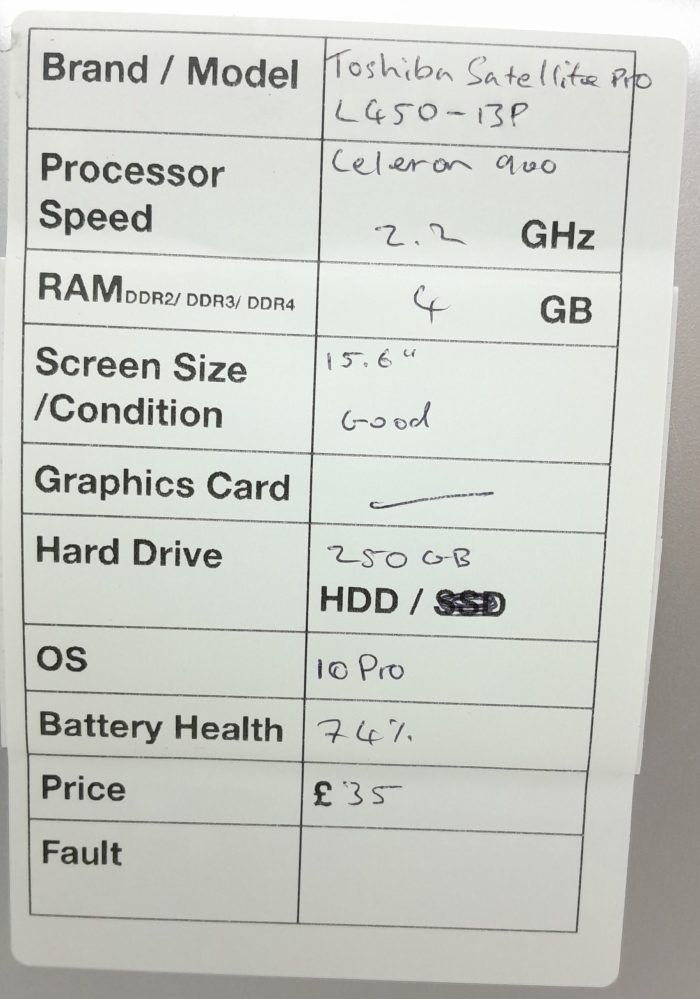 Toshiba Satellite Pro L450-13R - Celeron 900 2.2GHz - 4GB Ram - 15.6" - 250GB HDD - Windows 10 Pro - Image 3