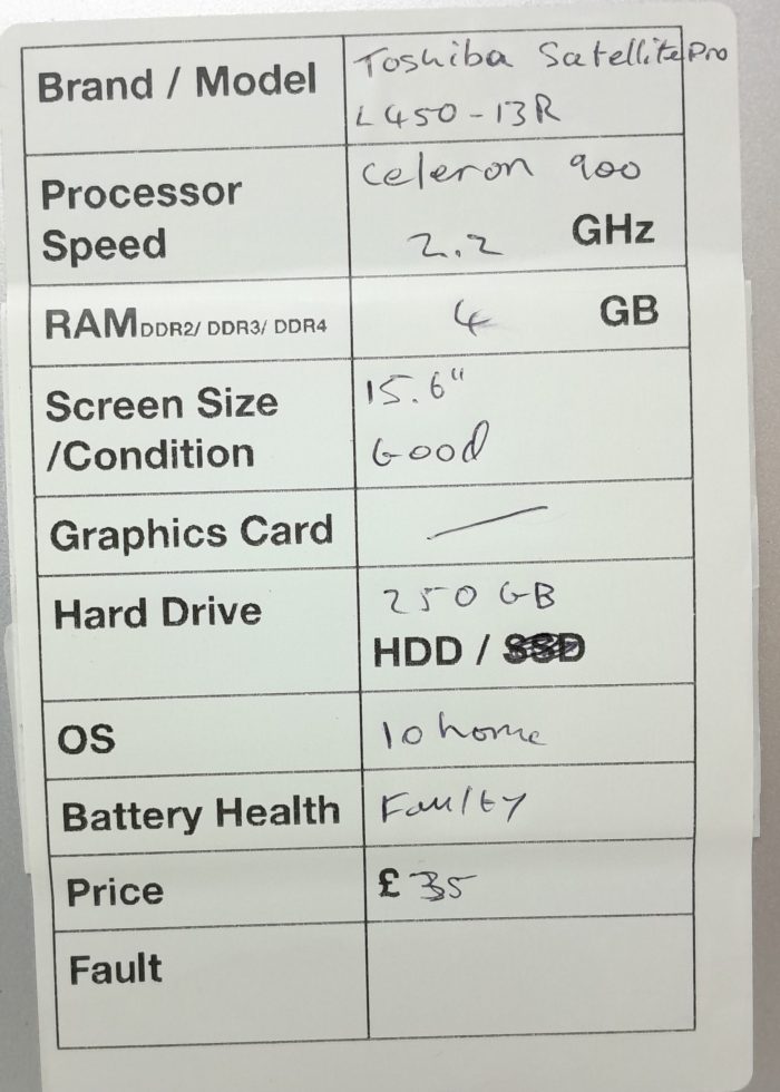 Toshiba Satellite Pro L450-13R - Celeron 900 2.2GHz - 4GB Ram - 15.6" - 250GB HDD - Windows 10 Home - Image 3