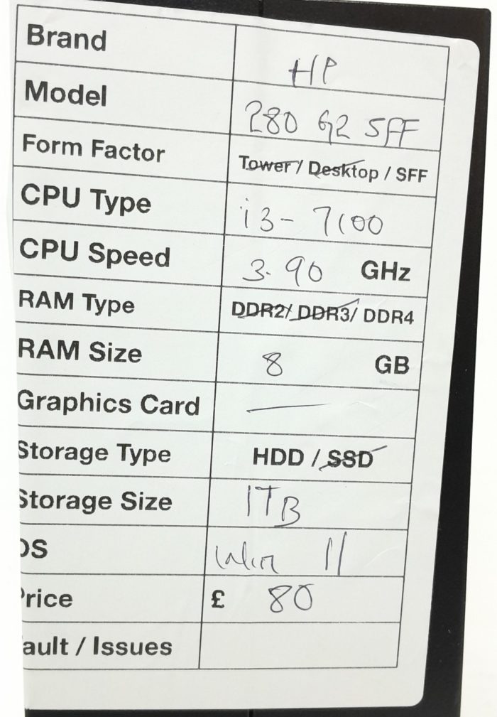 HP 280 G2 - SFF - i3-7100 3.9Ghz - 8GB RAM - 1TB HDD - Windows 11 - Image 3