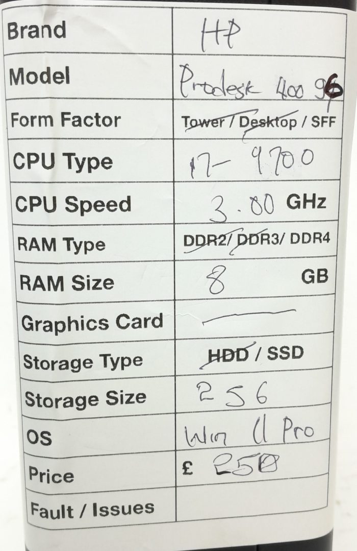 HP ProDesk 400 G6 - SFF - i7-9700 3.00GHz -8GB Ram - 256GB SSD - Windows 11 Pro - Image 3