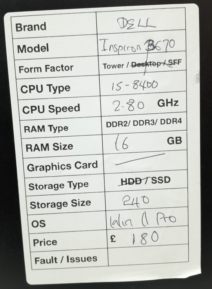 Dell Inspiron 3670 - Tower - i5-8400 2.80GHz - 16GB RAM - 240GB SSD - Windows 11 Pro - Image 3