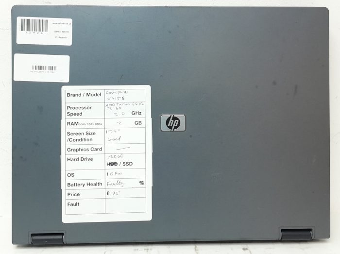 HP Compaq 6715s - AMD Turion 64 X2 TL-60 2GHz - 2GB Ram - 15.4" - 128GB SSD - Windows 10 Pro - Image 4