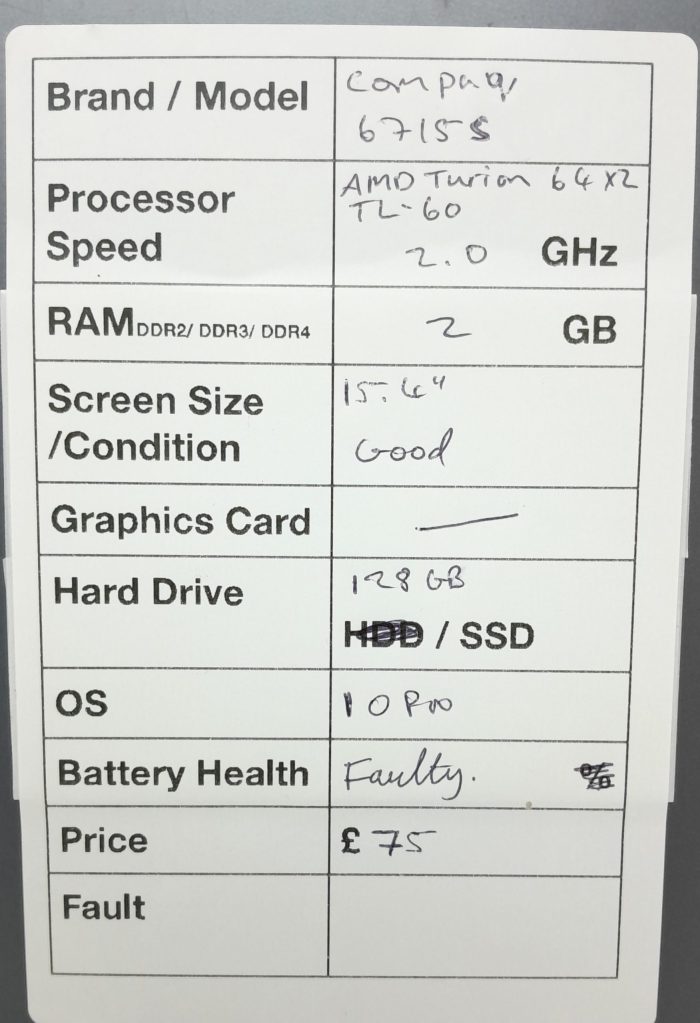 HP Compaq 6715s - AMD Turion 64 X2 TL-60 2GHz - 2GB Ram - 15.4" - 128GB SSD - Windows 10 Pro - Image 3