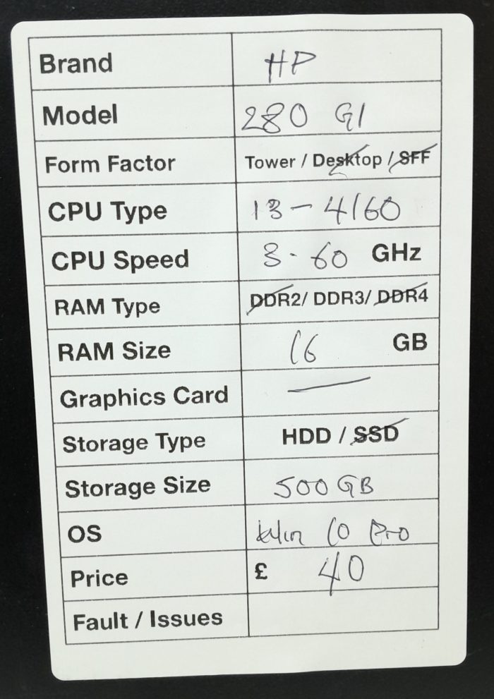 HP 280 G1 - Tower - i3-4160 3.60GHz  - 16GB RAM - 500GB HDD - Windows 10 Pro - Image 3