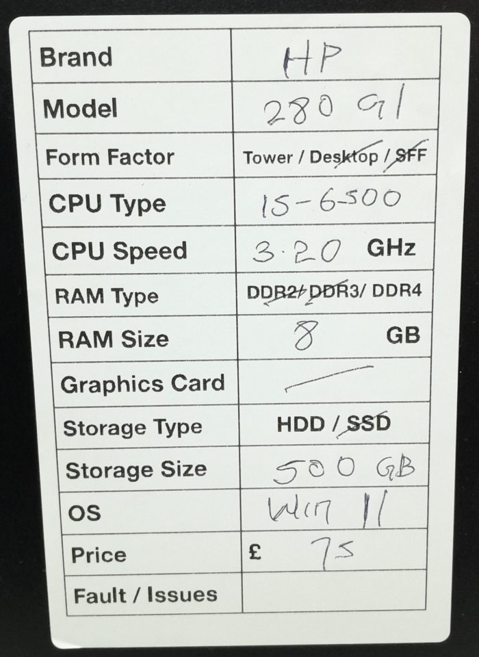HP 280 G1 - Tower - i5-6500 3.20GHz  - 8GB RAM - 500GB HDD - Windows 11 - Image 3