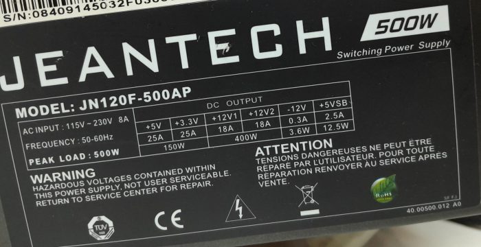 Jeantech JN120F-500AP 500W Power Supply Unit - Image 3