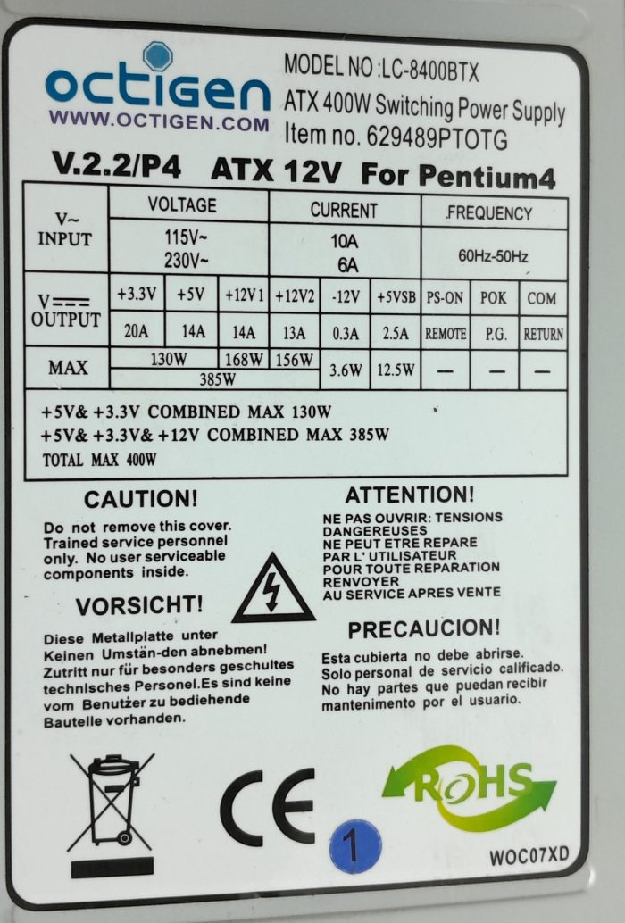 Octigen LC-8400BTX 400W Power Supply Unit - Image 3