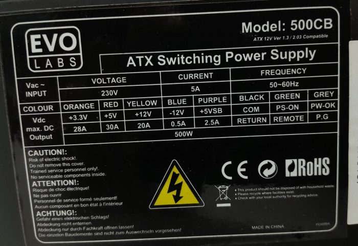 Evo Labs 500CB 500W ATX Switching Power Supply Unit - Image 3