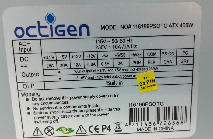 Octigen 116196PSOTG ATX 400W 400W Power Supply Unit - Image 3
