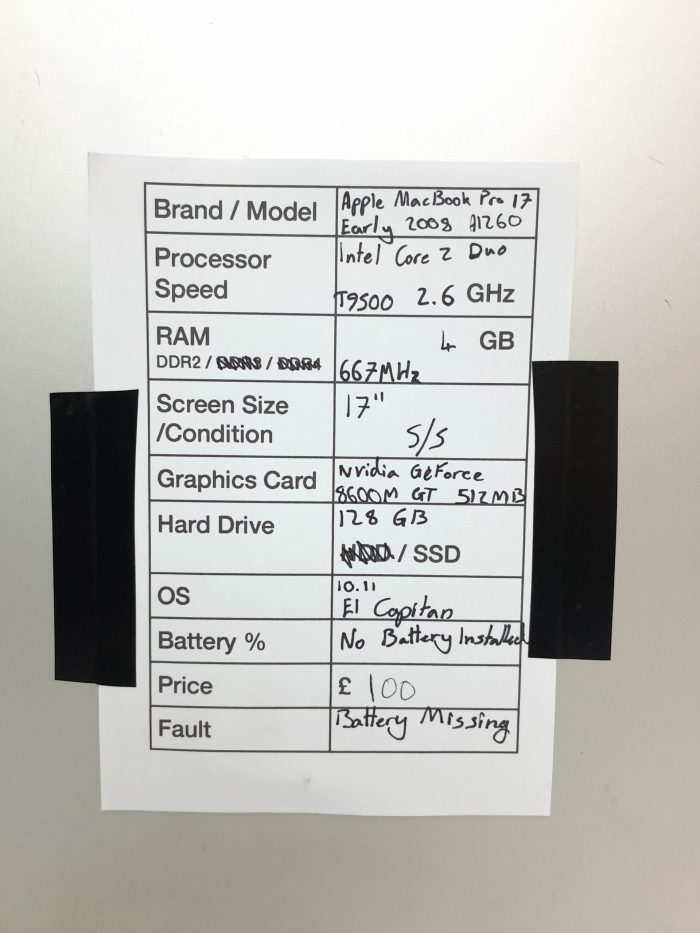 Apple Macbook Pro 17 Early 2008 2010 A1260 - Intel Core 2 Duo T9500 2.6GHz - 4GB - 17" - 128GB SSD - 10.11 E1 Capitan - Image 3