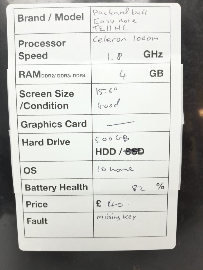 Packard Bell EasyNote TE11HC - Celeron 1000M 1.8GHz -4GB Ram - 15.6" - 500GB HDD - Windows 10 Home - Image 3