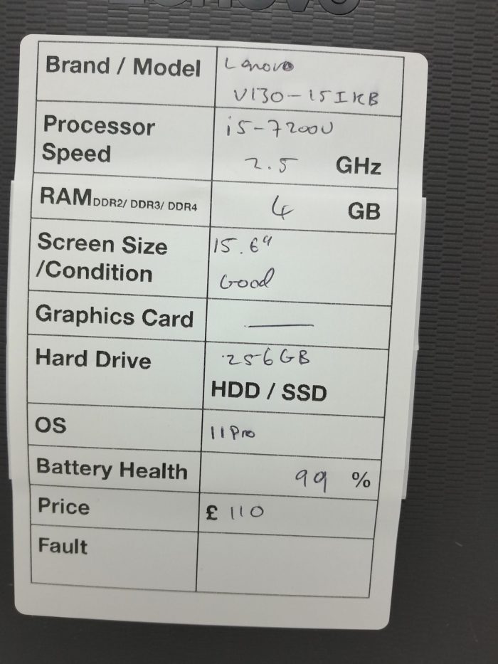 Lenovo V130-15IKB 81HN - i5-7200U 2.5GHz - 4GB Ram - 15.6" - 256GB SSD - Windows 11 Pro - Image 3