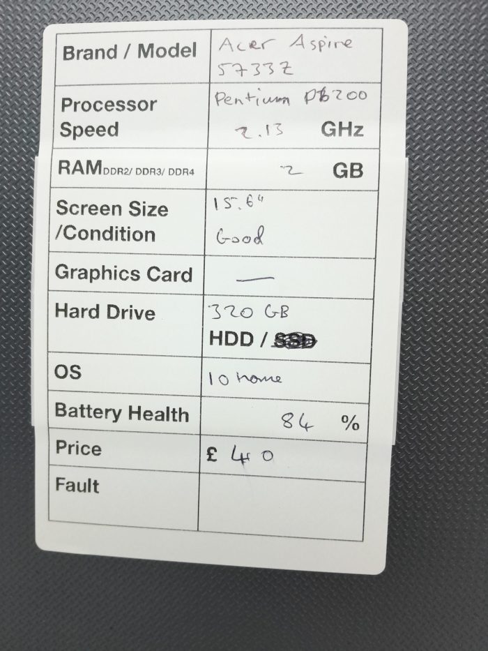 Acer Aspire 5733 Series PEW71 - Pentium P6200 2.13GHz - 2GB Ram - 15.6" - 320GB HDD - Windows 10 Home - Image 3