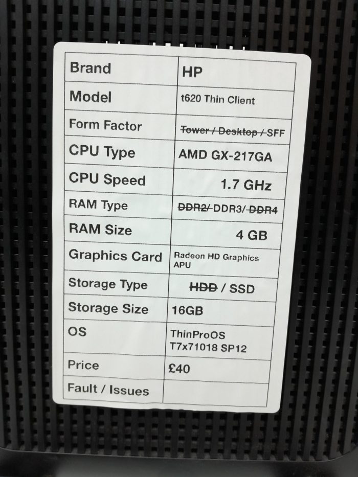 HP t620 - SFF - AMD GX-217GA 1.7GHz - 4GB - 16GB SSD - ThinProOS T7x71018 SP12 - Image 3