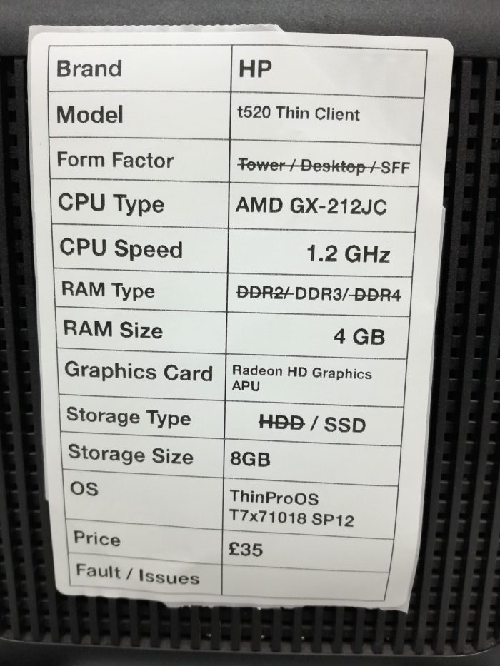 HP t520 - SFF - AMD GX-212JC 1.2GHz - 4GB - 8GB SSD - ThinProOS T7x71018 SP12 - Image 3