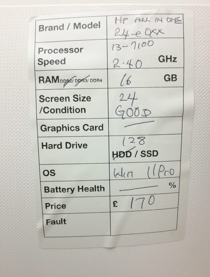 HP 24-e035na - i3-7100 2.4GHz - 16GB Ram - 24" - 128GB SSD - Windows 11 Pro - Image 3