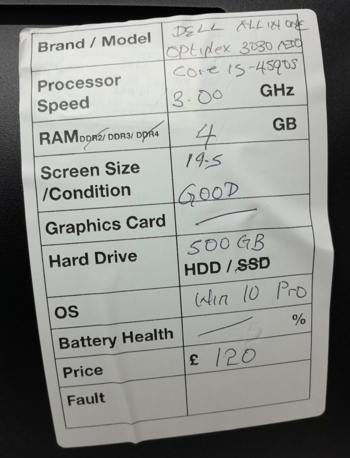 Dell OptiPlex 3030 AIO Series - Core i5-4590S 3GHz - 4GB Ram - 19.5" - 500GB HDD - Windows 10 Pro - Image 3