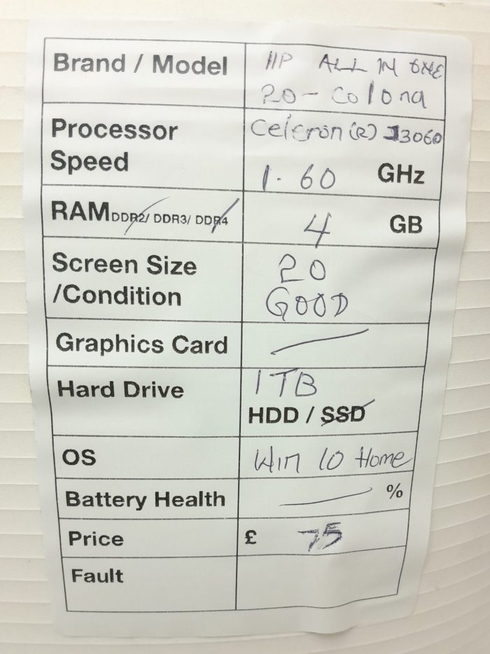 HP 20-c010na - Celeron (R) J3060 1.60GHz - 4GB Ram - 20" - 120GB SSD - Windows 11 Pro - Image 3