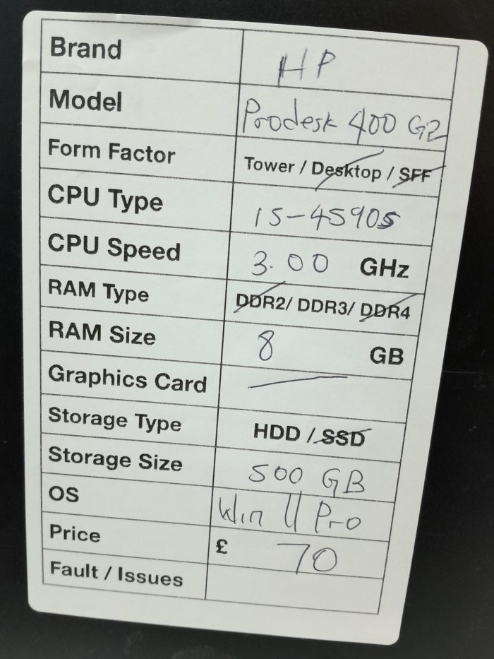 HP ProDesk 400 G2 - Tower - i5-4590S 3GHz  - 8GB RAM - 500GB HDD - Windows 11 Pro - Image 3