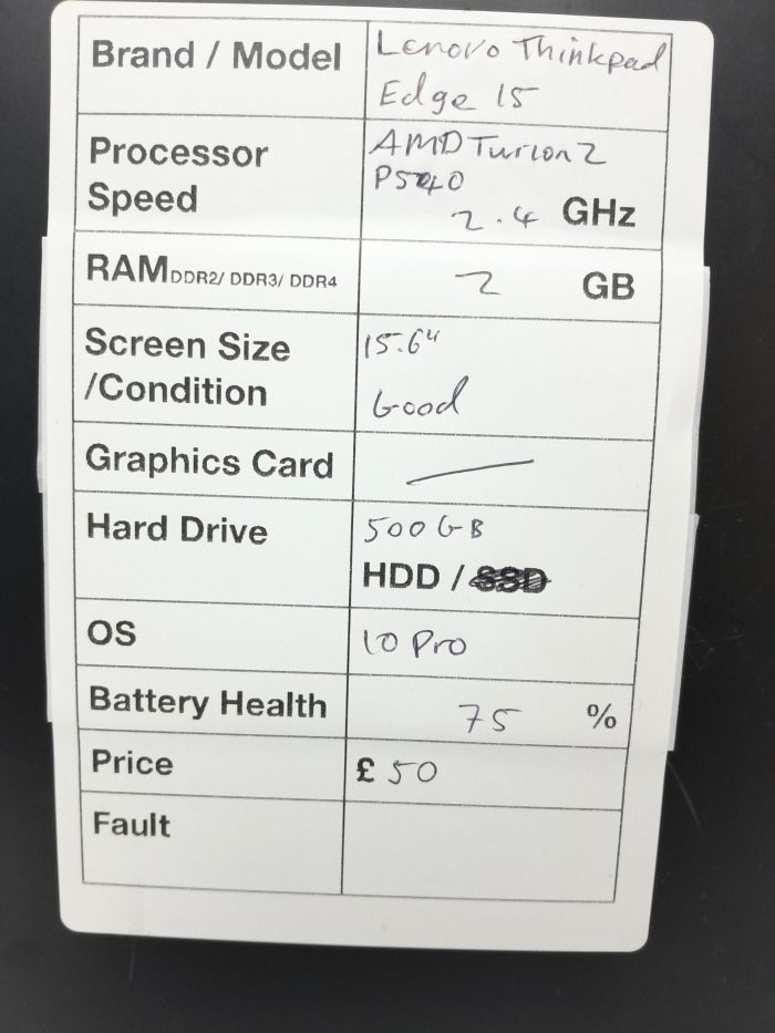 Lenovo Thinkpad Edge 15 - AMD Turion 2 P540 2.4GHz - 2GB Ram - 15.6" - 500GB HDD - Windows 10 Pro - Image 3