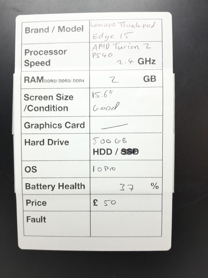 Lenovo Thinkpad Edge 15 - AMD Turion 2 P540 2.4GHz - 2GB Ram - 15.6" - 500GB HDD - Windows 10 Pro - Image 3