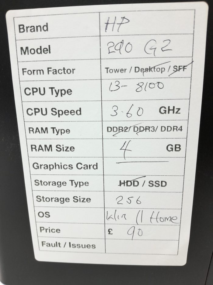 HP 290 G2 - Tower - i3-8100 3.6GHz - 4GB - 256GB SSD - Windows 11 Home - Image 3