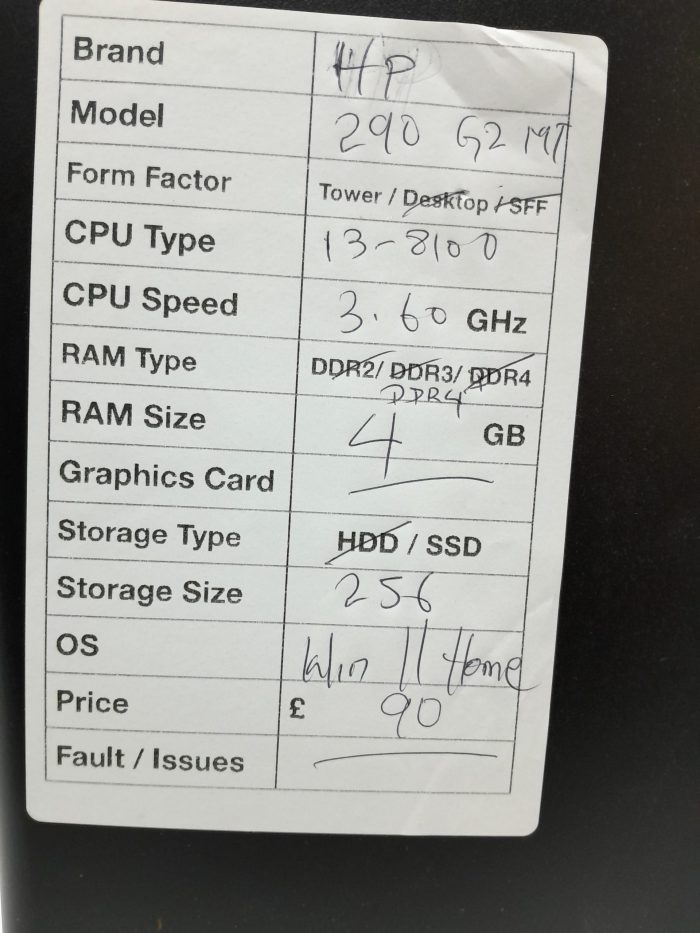 HP 290 G2 MT - Tower - i3-8100 3.6GHz - 4GB - 256GB SSD - Windows 11 Home - Image 3