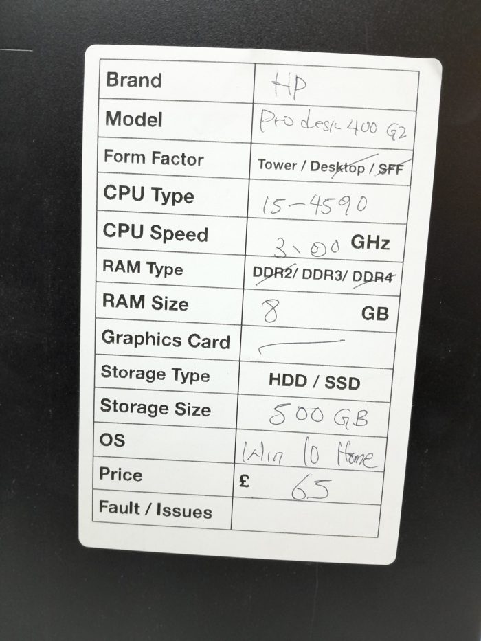 HP ProDesk 400 G2 - Tower - i5-4590 3GHz  - 8GB RAM - 500GB HDD - Windows 10 Home - Image 3