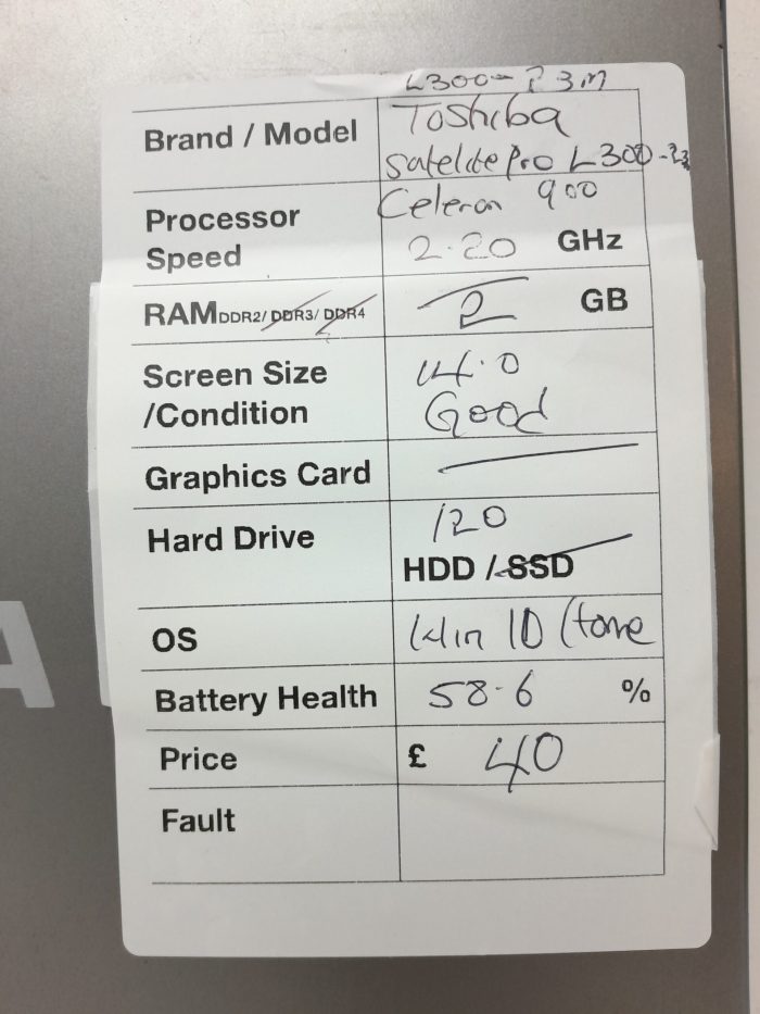 Cheap Windows Laptop - Toshiba Satellite Pro L300-23M (PSLB9E-03G007EN) - Celeron 900 2.20GHz - 2GB Ram - 15.4" - 120GB HDD - Windows 10 Home - Image 3