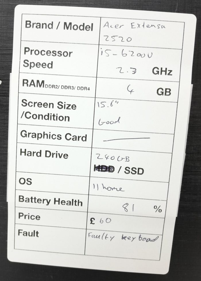 Cheap Windows Laptop - Acer Extensa 2520 (N15Q1) - i5-6200U 2.3GHz - 4GB Ram - 15.6" - 240GB SSD - Windows 11 Home - Image 3