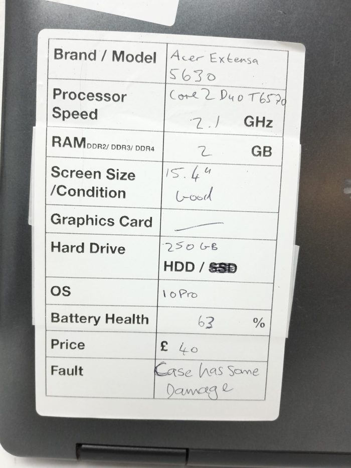 Cheap Windows Laptop - Acer Extensa 5630 Series MS2231 - Core 2 Duo T6570 2.1GHz - 2GB Ram - 15.4" - 250GB HDD - Windows 10 Pro - Image 3