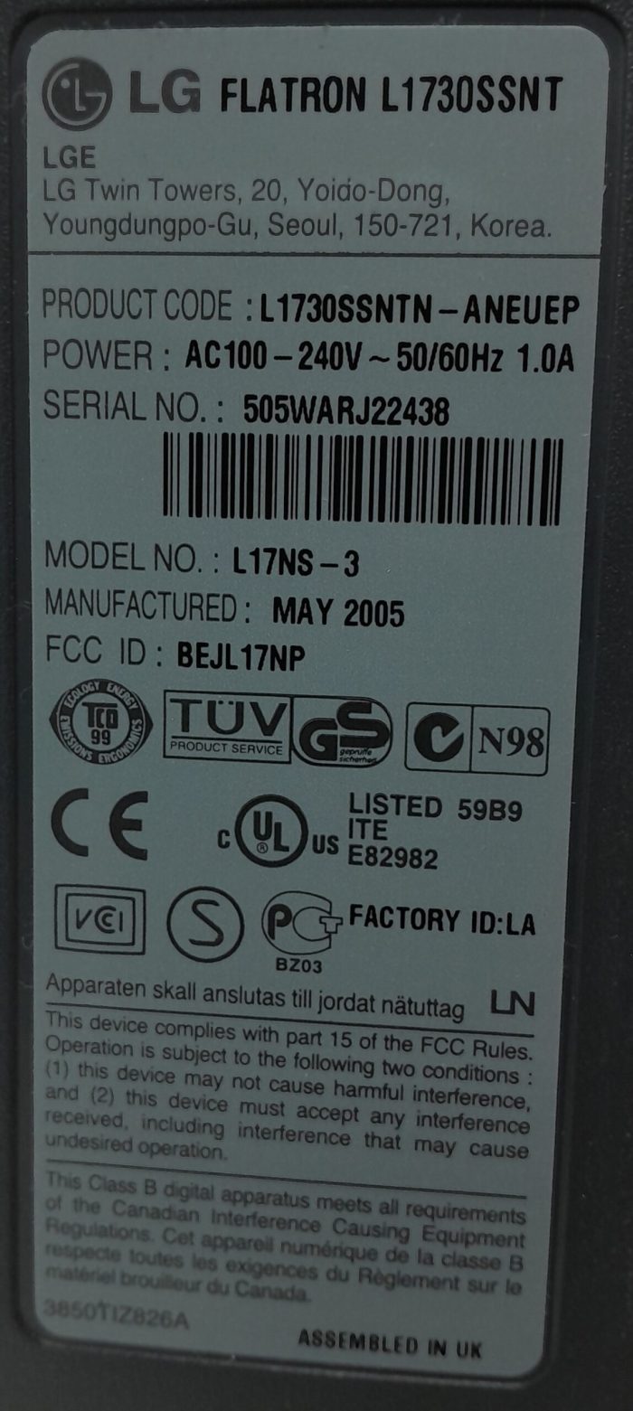 LG Monitor 17" VGA LCD Flatron L1730SSNT (L17NS-3) - Image 3
