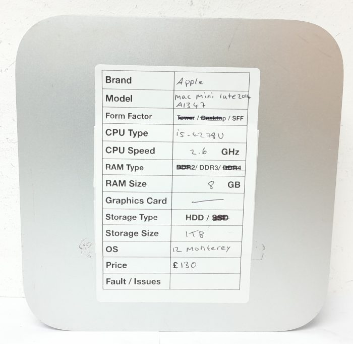 Apple Mac Mini Server A1347 - i5-4278U 2.6GHz - 8GB Ram - 1TB HDD - 12 Monterey Late 2014 - Image 4