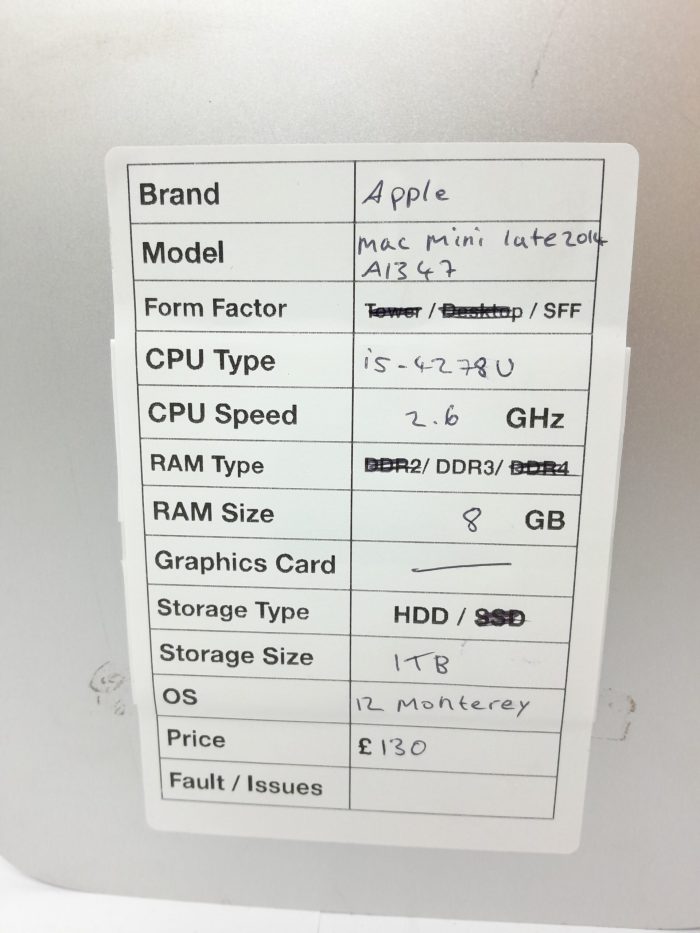 Apple Mac Mini Server A1347 - i5-4278U 2.6GHz - 8GB Ram - 1TB HDD - 12 Monterey Late 2014 - Image 3