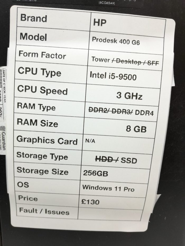 Windows Tower PC HP ProDesk 400 G6 - Intel i5-9500 3GHz  - 8GB RAM - 256GB SSD - Windows 11 Pro - Image 3