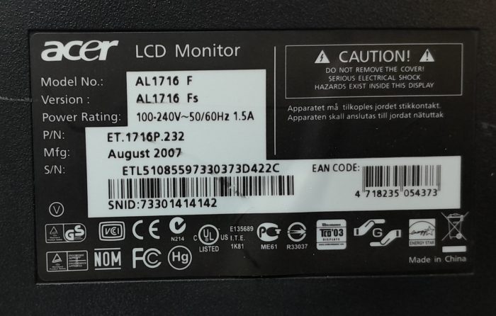 Acer Monitor 17" VGA LCD AL1716 - Image 3