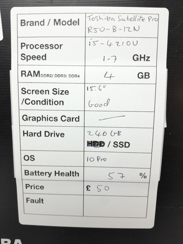 Cheap Windows Laptop - Toshiba Satellite Pro R50-B-12N - i5-4210U 1.7GHz - 4GB Ram - 15.6" - 240GB SSD - Windows 10 Pro - Image 3