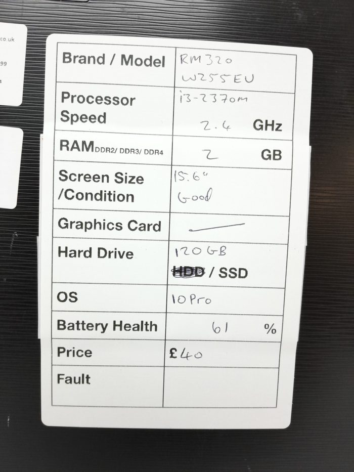 Cheap Windows Laptop - RM Education RM320 W255EU - i3-2370M 2.4GHz - 2GB Ram - 15.6" - 120GB SSD - Windows 10 Pro - Image 3