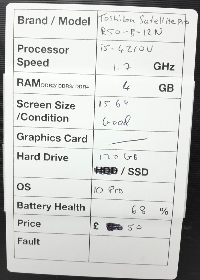 Cheap Windows Laptop - Toshiba Satellite Pro R50-B-12N - i5-4210U 1.7GHz - 4GB Ram - 15.6" - 120GB SSD - Windows 10 Pro - Image 3