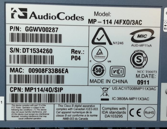 AudioCodes VoIP Gateway MP-114/4FX0/3AC - Image 3