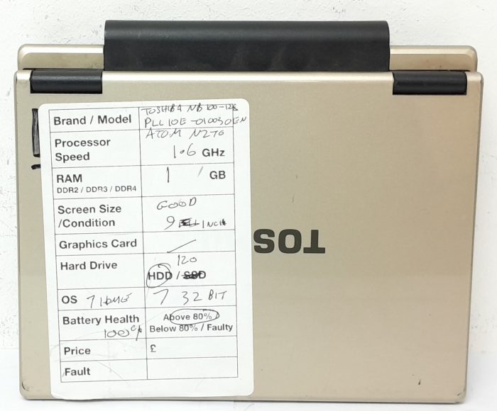 Cheap Windows Laptop - Toshiba NB100-128 (PLL10E-010030EN) - Atom N270 1.6GHz - 1GB Ram - 9" - 120GB HDD - 32 Bit 7 Home - Image 4
