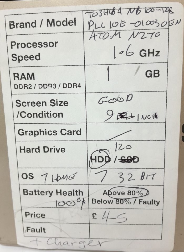 Cheap Windows Laptop - Toshiba NB100-128 (PLL10E-010030EN) - Atom N270 1.6GHz - 1GB Ram - 9" - 120GB HDD - 32 Bit 7 Home - Image 3