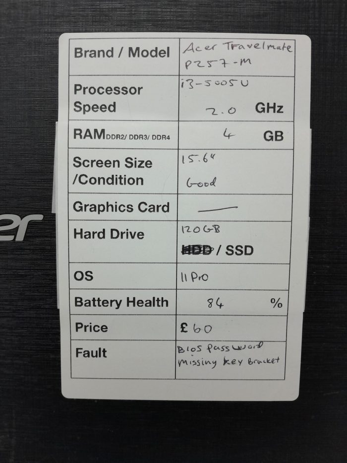 Acer Windows Laptop TravelMate P257 Series N15Q1 - i3-5005U @ 2.0GHz - 4GB RAM - 15.6" - 120GB SSD - 11 Pro - Image 3