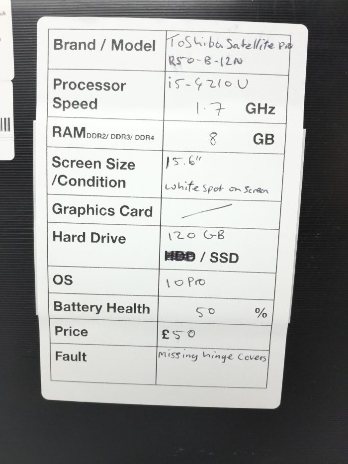 Toshiba Windows Laptop Satellite Pro R50-B-12N - i5-4210U @ 1.70GHz - 8GB RAM - 15.6" - 120GB SSD - 10 Pro - Image 2
