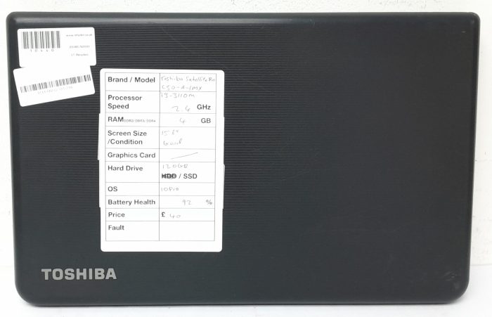 Toshiba Windows Laptop Satellite Pro C50-A-1MX - i3-3110M @ 2.40GHz - 4GB RAM - 15.6" - 120GB SSD - 10 Pro - Image 3