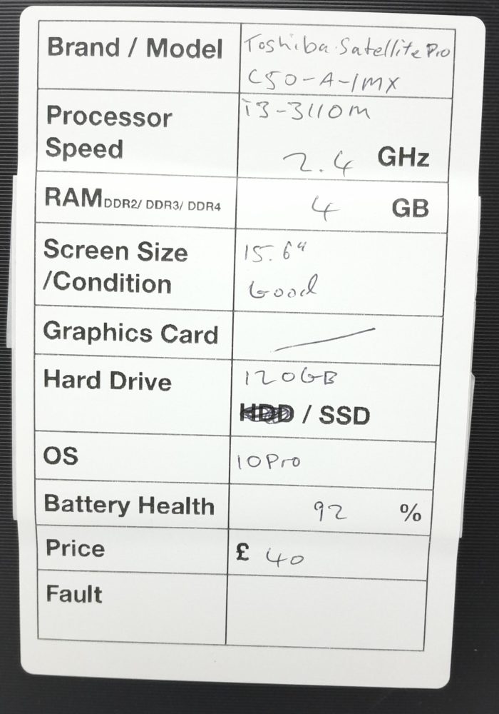 Toshiba Windows Laptop Satellite Pro C50-A-1MX - i3-3110M @ 2.40GHz - 4GB RAM - 15.6" - 120GB SSD - 10 Pro - Image 2