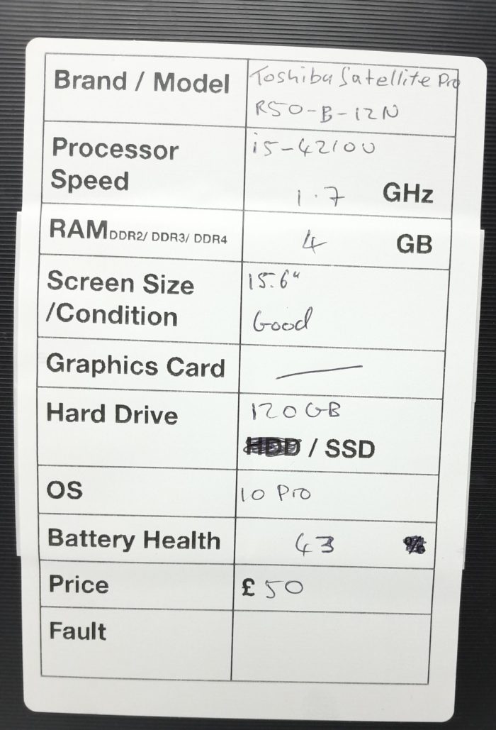 Toshiba Windows Laptop Satellite Pro R50-B-12N - i5-4210U @ 1.70GHz - 4GB RAM - 15.6" - 120GB SSD - 10 Pro - Image 2